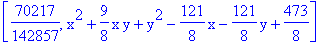 [70217/142857, x^2+9/8*x*y+y^2-121/8*x-121/8*y+473/8]